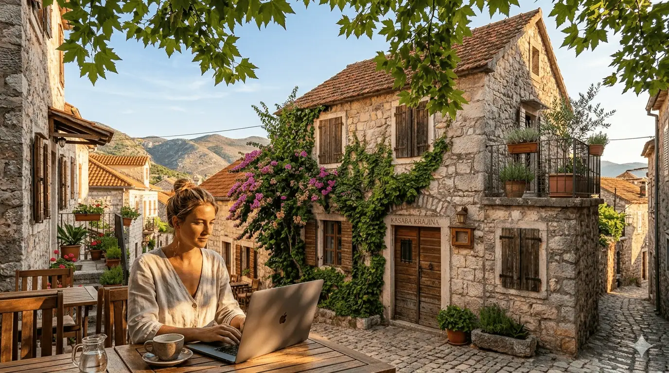 Illustration of a tidy desk setup with a laptop in a Trebinje apartment