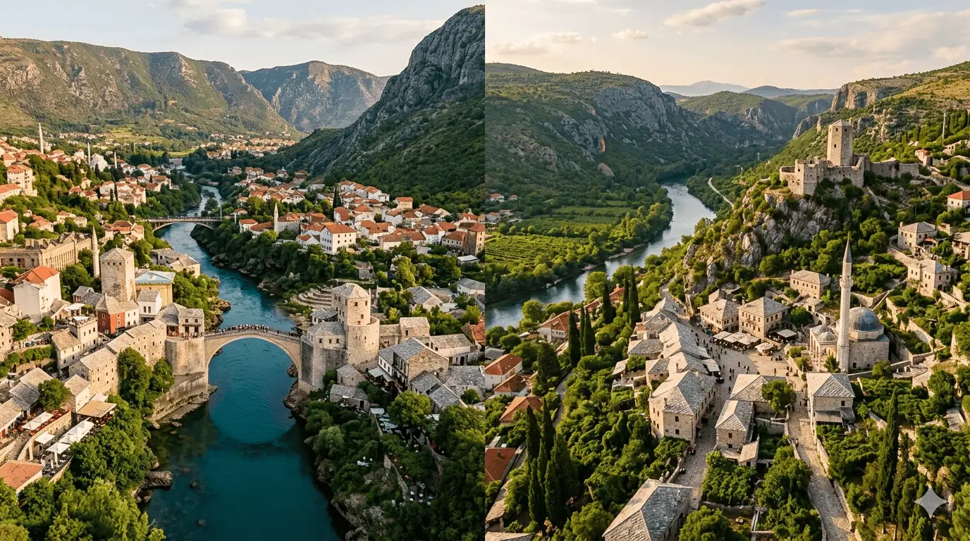 Illustration comparing Trebinje's old town and Mostar's Stari Most